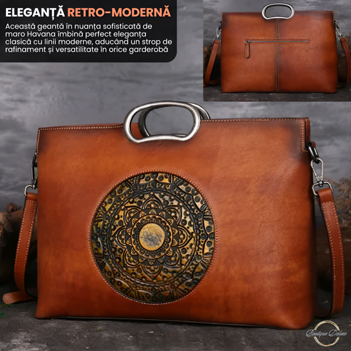 Geanta dama, marime medie, piele naturala, cu manere argintii patinate, Maro [2]