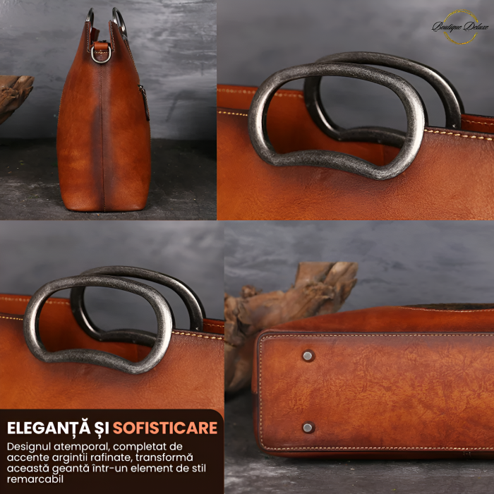 Geanta dama, marime medie, piele naturala, cu manere argintii patinate, Maro [3]