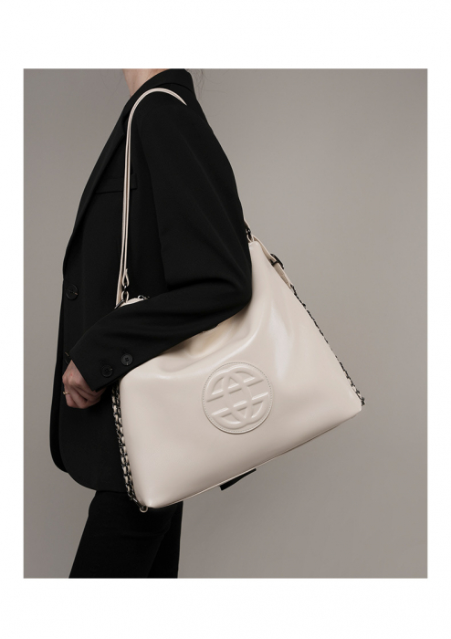 Geanta dama, medie, tote bag, cu model in relief, piele naturala, 30x35x15 cm, Alba [2]