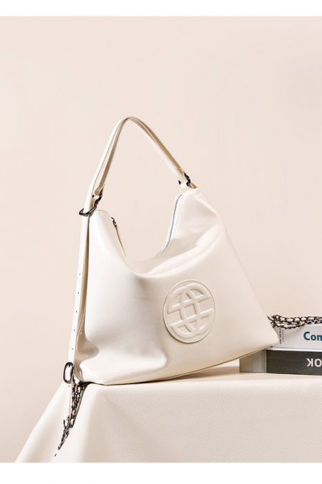 Geanta dama, medie, tote bag, cu model in relief, piele naturala, 30x35x15 cm, Alba [5]