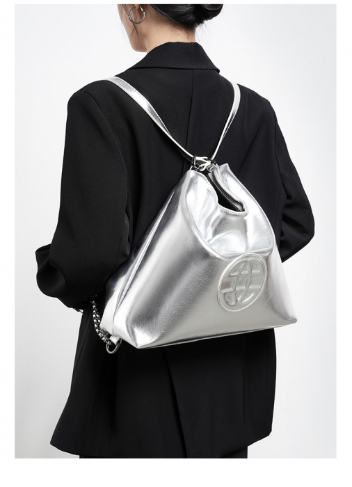 Geanta dama, medie, tote bag, cu model in relief, piele naturala, 30x35x15 cm, Argintie [3]