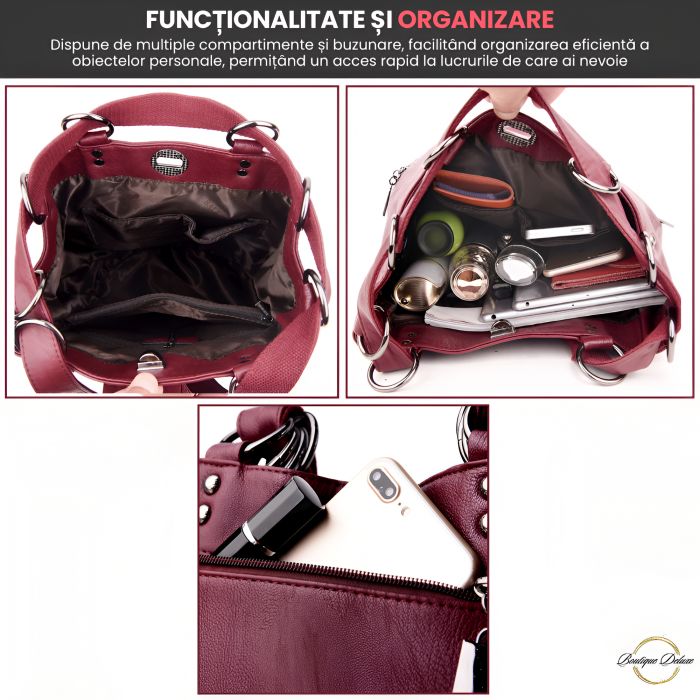 Geanta Dama Tip Rucsac Boutique Deluxe, Design Modern, Piele Ecologica Premium Rezistenta, Eco-Friendly, Compartimente Multiple, Bretea Ajustabila, Accesorizare Versatila, Visiniu [5]