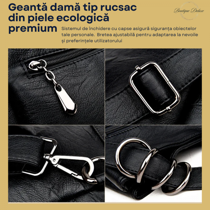 Geanta Dama Tip Rucsac, Neagra, Marime Medie, Moderna, Piele Ecologica Premium, 290x180x350 mm [3]