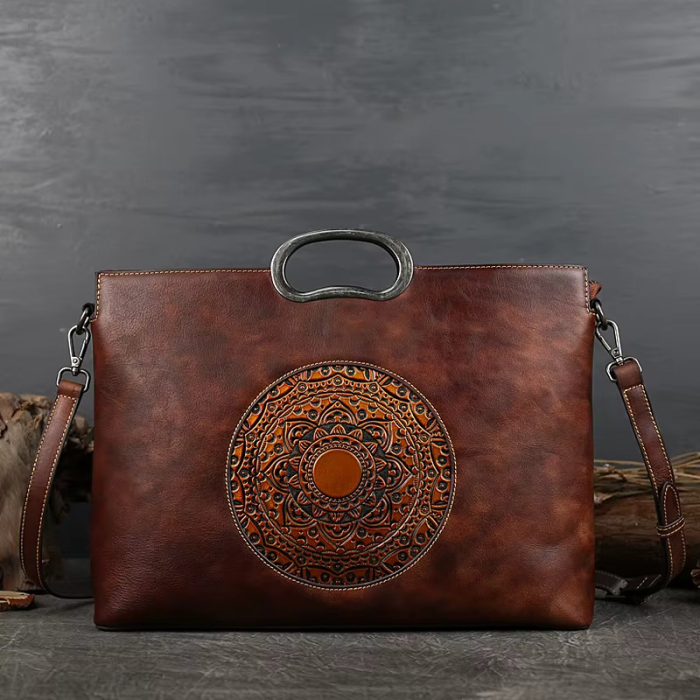 Geanta De Dama Boutique Deluxe, Piele Naturala Manere Argintii, Buzunare Multiple, Spatiu Generos Versatilitate, Casual si Birou, Maro Cofee Inchis [2]