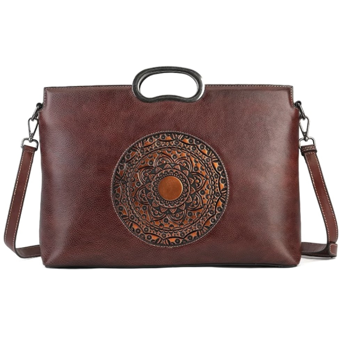 Geanta De Dama Boutique Deluxe, Piele Naturala Manere Argintii, Buzunare Multiple, Spatiu Generos Versatilitate, Casual si Birou, Maro Cofee Inchis [1]