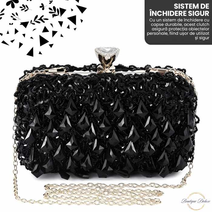 Geanta Clutch Elegant Dama Boutique Deluxe Pentru Evenimente, Cu Margele Si Paiete Stralucitoare, Lantisor si Maner Auriu Detasabil, Geanta De Seara, Negru [3]