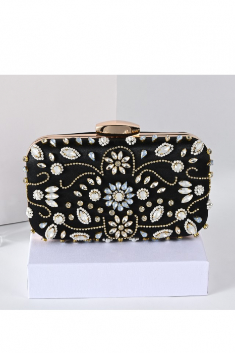 Gentuta Clutch Dama Boutique Deluxe cu Pietre Argintii Stralucitoare, Material Sintetic Premium, Dimensiuni Compacte, Ideala pentru Evenimente Formale, Neagra [3]