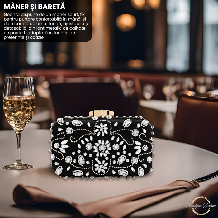 Gentuta Clutch Dama Boutique Deluxe cu Pietre Argintii Stralucitoare, Material Sintetic Premium, Dimensiuni Compacte, Ideala pentru Evenimente Formale, Neagra [6]