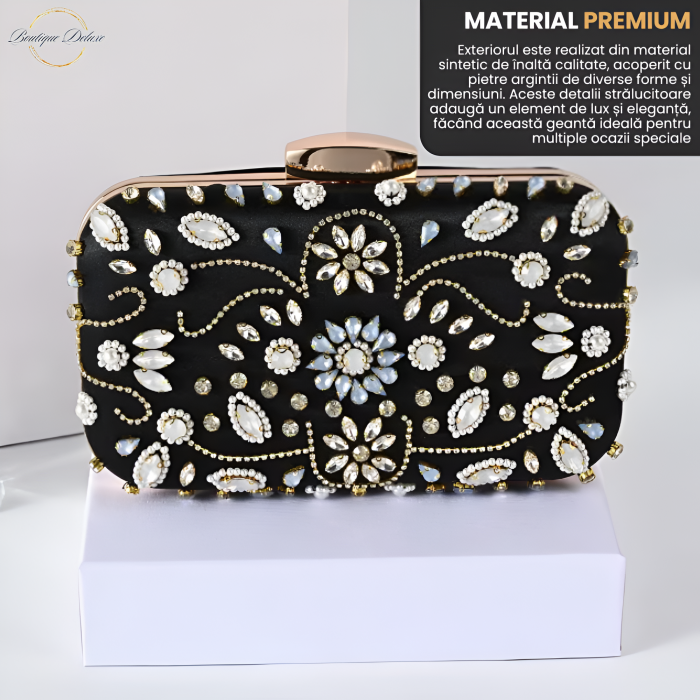 Gentuta Clutch Dama Boutique Deluxe cu Pietre Argintii Stralucitoare, Material Sintetic Premium, Dimensiuni Compacte, Ideala pentru Evenimente Formale, Neagra [9]