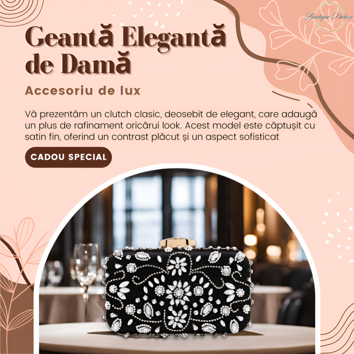 Gentuta Clutch Dama Boutique Deluxe cu Pietre Argintii Stralucitoare, Material Sintetic Premium, Dimensiuni Compacte, Ideala pentru Evenimente Formale, Neagra [10]