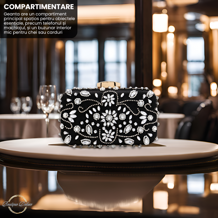 Gentuta Clutch Dama Boutique Deluxe cu Pietre Argintii Stralucitoare, Material Sintetic Premium, Dimensiuni Compacte, Ideala pentru Evenimente Formale, Neagra [7]