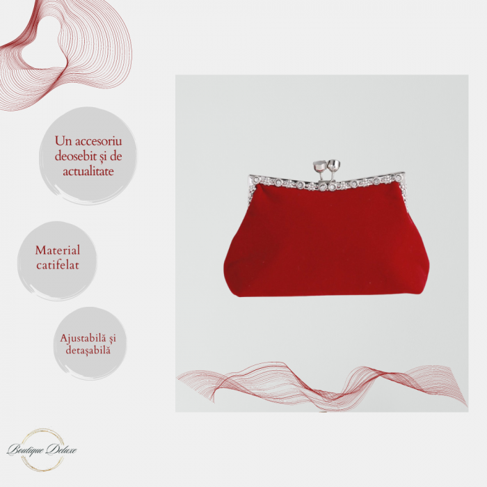 Gentuta Mica de Dama, Design Elegant, Material Catifelat, Strasuri Argintii, Tip Clutch, cu Lantisor, Rosie,  220x50x100mm [5]