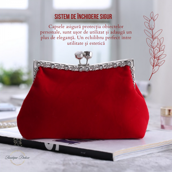 Gentuta Mica de Dama, Design Elegant, Material Catifelat, Strasuri Argintii, Tip Clutch, cu Lantisor, Rosie,  220x50x100mm [2]