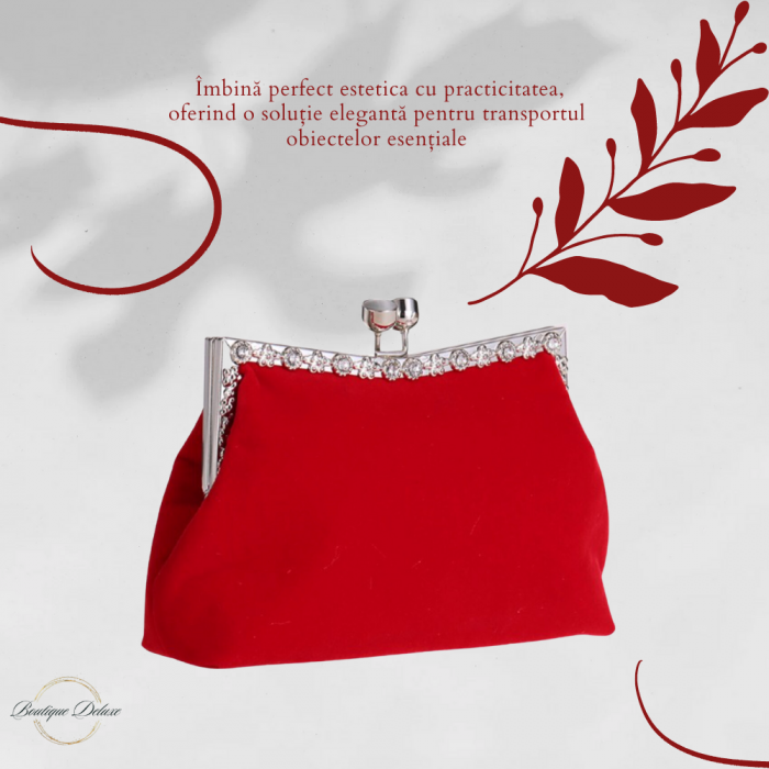 Gentuta Mica de Dama, Design Elegant, Material Catifelat, Strasuri Argintii, Tip Clutch, cu Lantisor, Rosie,  220x50x100mm [4]