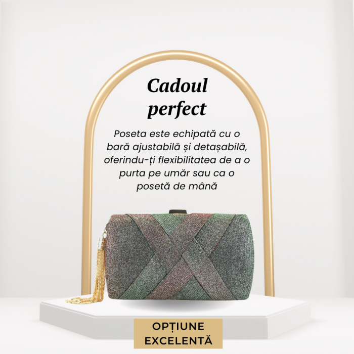 Gentuta Mica de Dama, Design Elegant, Material Glamour, Tip Clutch, cu Lantisor, Gri Metal,180x70x115mm [3]