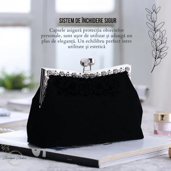 Gentuta Mica de Dama, Eleganta, Neagra, Material Catifelat, Strassuri Argintii, Clutch, cu Lantisor 22x5x10 cm [2]