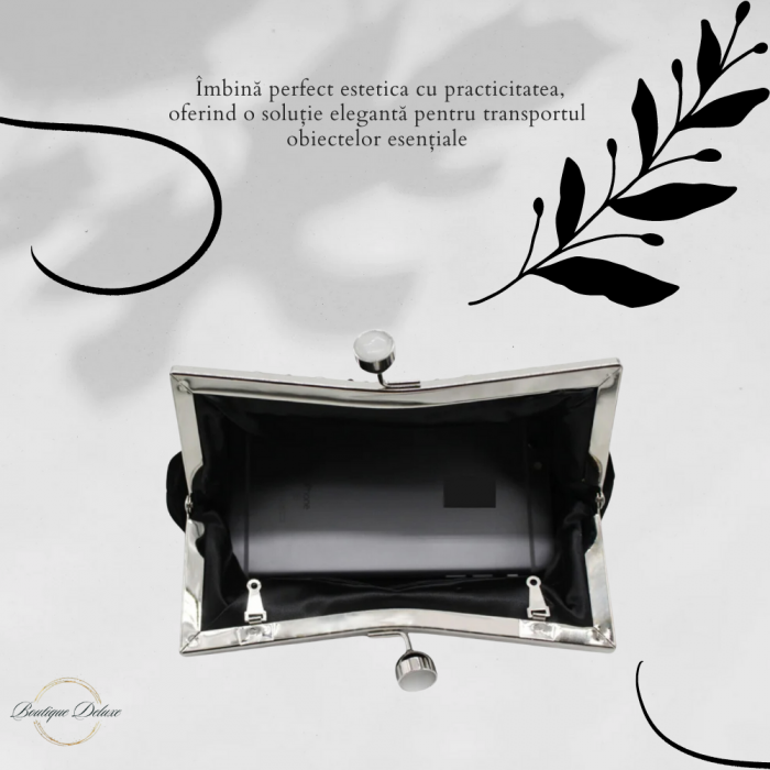 Gentuta Mica de Dama, Eleganta, Neagra, Material Catifelat, Strassuri Argintii, Clutch, cu Lantisor 22x5x10 cm [4]