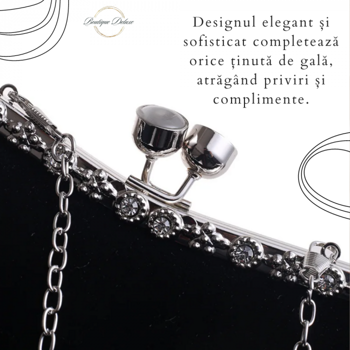 Gentuta Mica de Dama, Eleganta, Neagra, Material Catifelat, Strassuri Argintii, Clutch, cu Lantisor 22x5x10 cm [3]