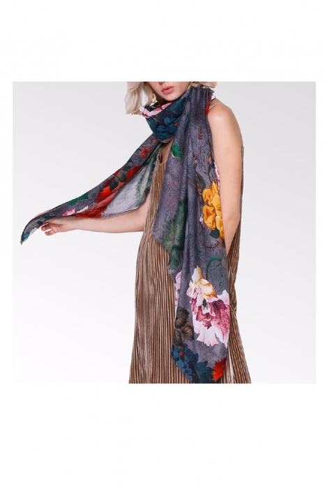 Esarfa dama, tip sal, print floral, multicolora, fond gri, 90 x 180 cm [2]