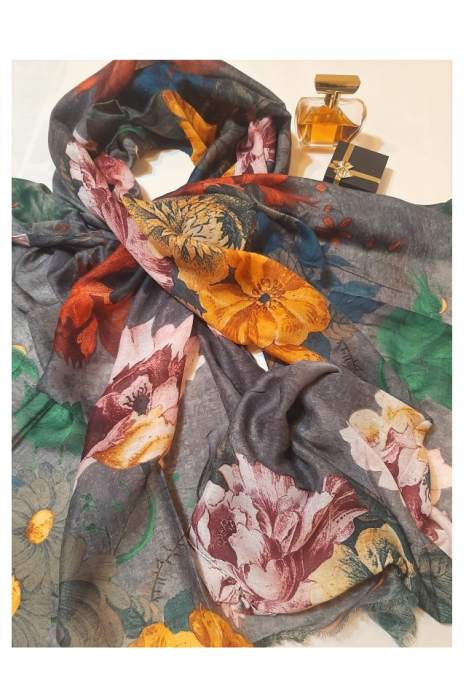 Esarfa dama, tip sal, print floral, multicolora, fond gri, 90 x 180 cm [3]