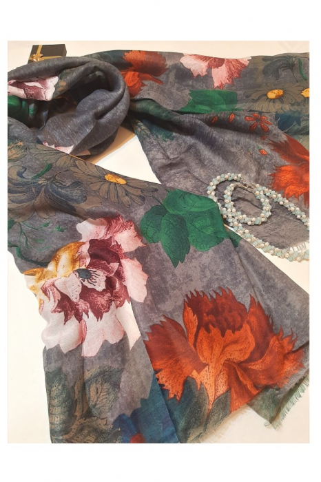 Esarfa dama, tip sal, print floral, multicolora, fond gri, 90 x 180 cm [4]