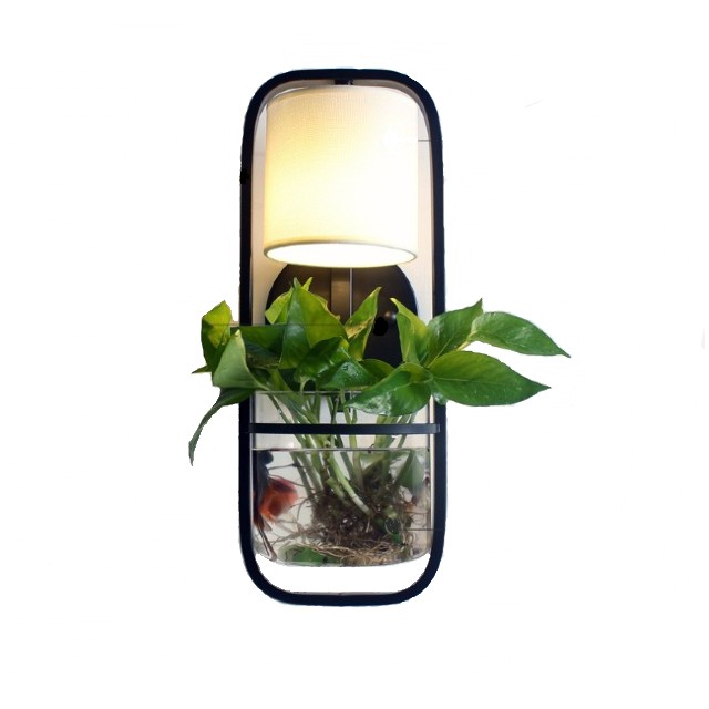 Lampa de perete moderna cu abajur alb textil si bol de sticla pentru plante, design modern si minimalist, lumina LED, 220V, 50x17cm, Negru [2]
