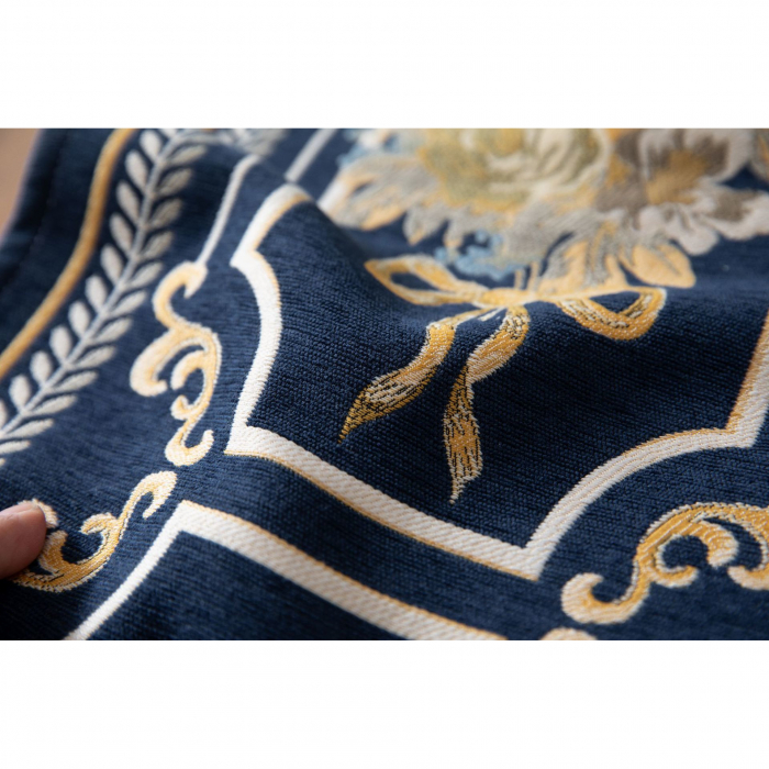 Napron elegant pentru masa, fond albastru cu flori aurii brodate, ciucuri crem si bleu Atlantic, din bumbac si poliester, 33X180cm, tesatura de calitate superioara, design clasic si elegant, Albastru [5]