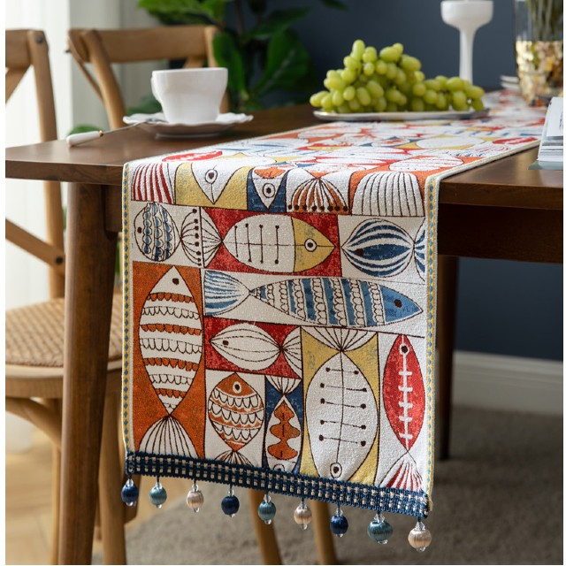 Napron elegant pentru masa, mare, gros, material sintetic, cu forme multicolore de pesti, ciucuri sfera crem si albastru, 33X200 CM [5]