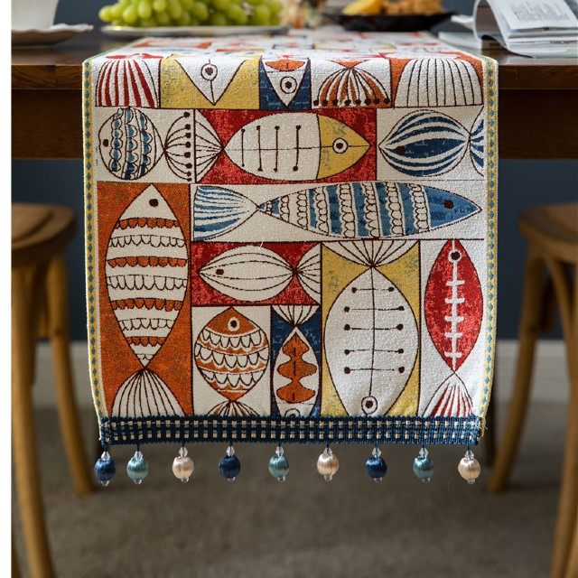 Napron elegant pentru masa, mare, gros, material sintetic, cu forme multicolore de pesti, ciucuri sfera crem si albastru, 33X200 CM [1]