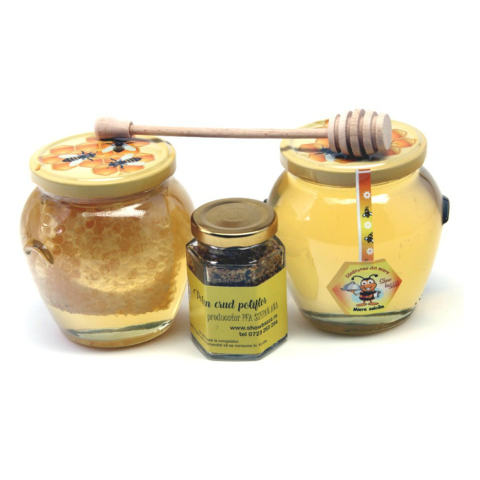 Pachet Apicol 1 borcan faguri miere salcam,1 borcan amfora miere salcam, 1 borcanel polen poliflor, Produs Apicol Autentic si Pur Direct din Stup, Boutique Deluxe [1]