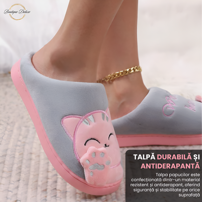 Papuci dama, pentru casa, plusati, gri cu roz [4]