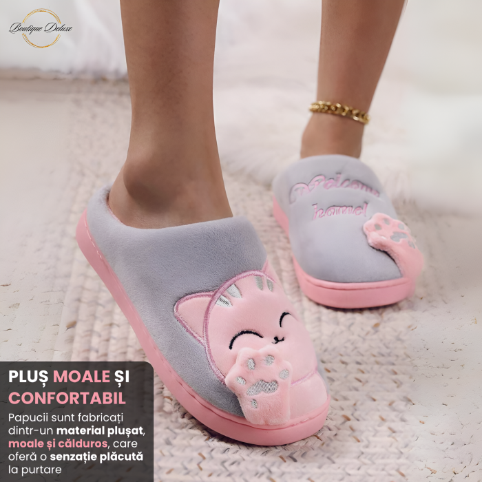 Papuci dama, pentru casa, plusati, gri cu roz [2]