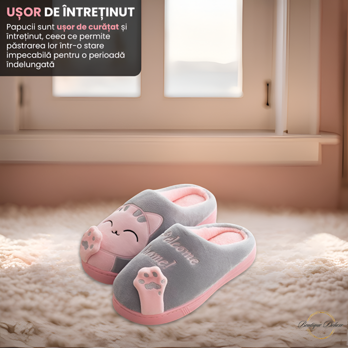 Papuci dama, pentru casa, plusati, gri cu roz [5]