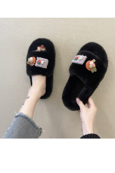 Papuci dama, pentru casa, plusati, negri, cu diverse aplicatii haioase, marime 38 [5]