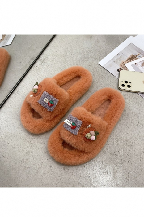 Papuci dama, pentru casa, plusati, portocaliu inchis, cu diverse aplicatii haioase, marime 37 [4]