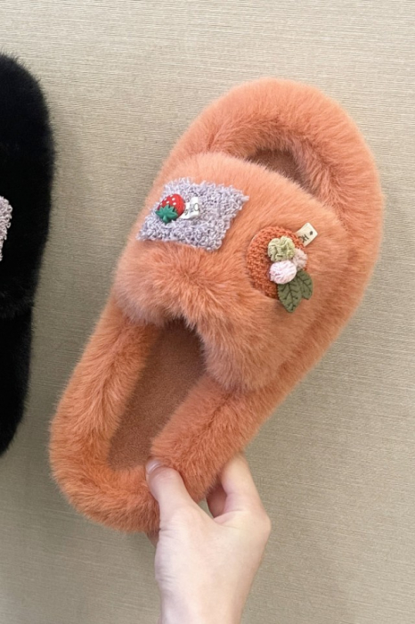 Papuci dama, pentru casa, plusati, portocaliu inchis, cu diverse aplicatii haioase, marime 37 [2]