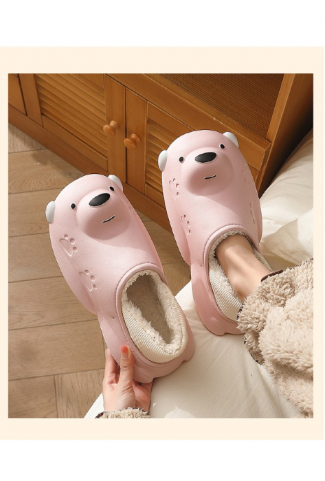 Papuci imblaniti impermeabili si caldurosi Bear, pentru femei, forma ursulet, marime 37 EU, Roz [2]