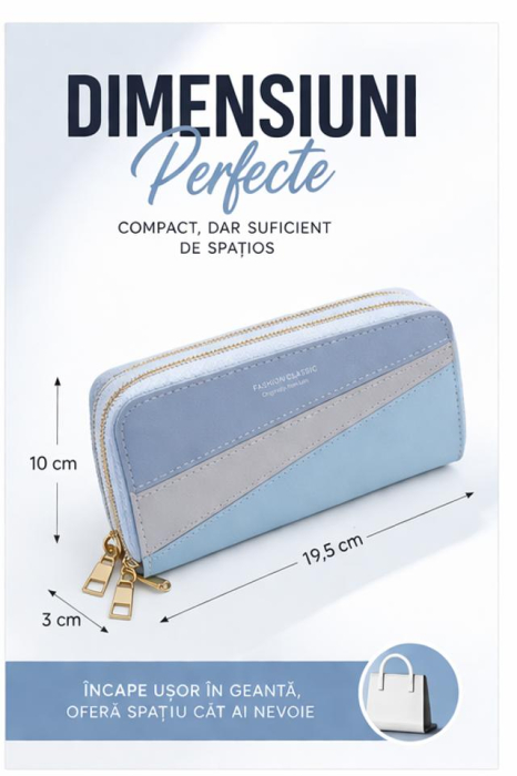 Portofel damă elegant albastru cu gri, tip clutch, cu fermoar și bretea [2]