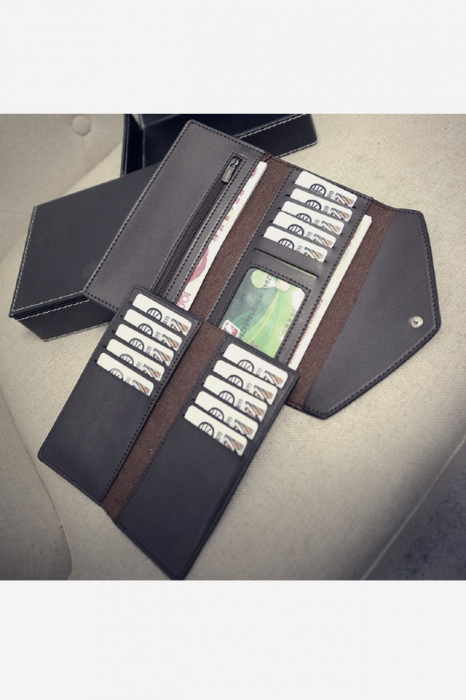 Portofel dama, elegant, piele ecologica premium, Stone Grain, negru , 100x190x20mm [5]