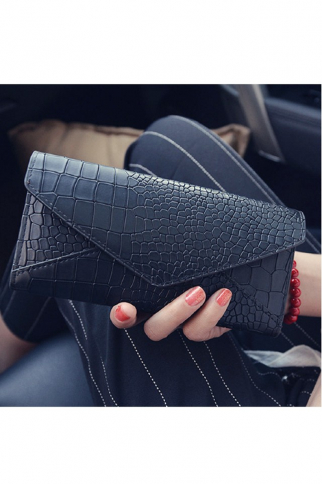 Portofel dama, elegant, piele ecologica premium, Stone Grain, negru , 100x190x20mm [2]