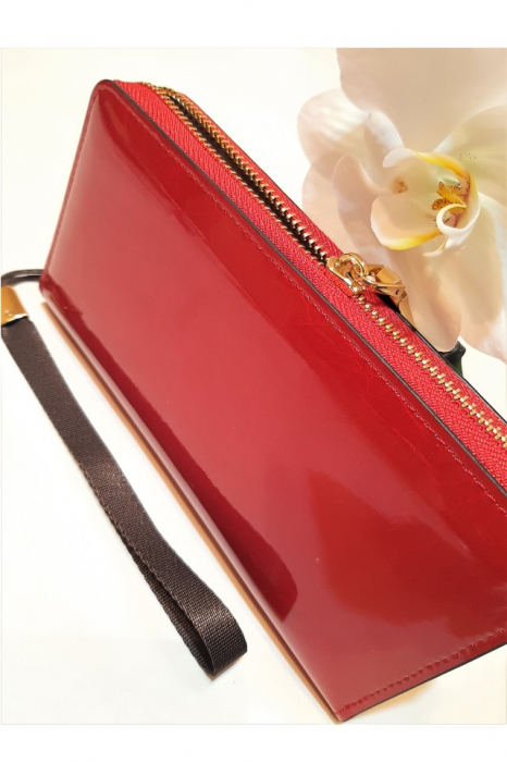 Portofel dama, elegant, piele lacuita, cu bareta, rosu aprins , 195x25x100 mm [4]