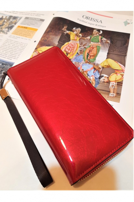 Portofel dama, elegant, piele lacuita, cu bareta, rosu aprins , 195x25x100 mm [6]