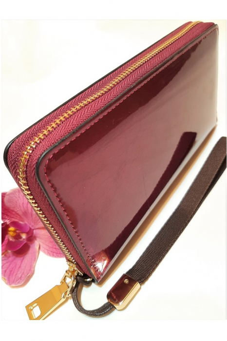 Portofel dama, elegant, piele lacuita, cu bareta, visiniu , 195x25x100 mm [5]