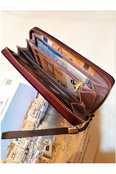 Portofel dama, elegant, piele lacuita, cu bareta, visiniu , 195x25x100 mm [4]