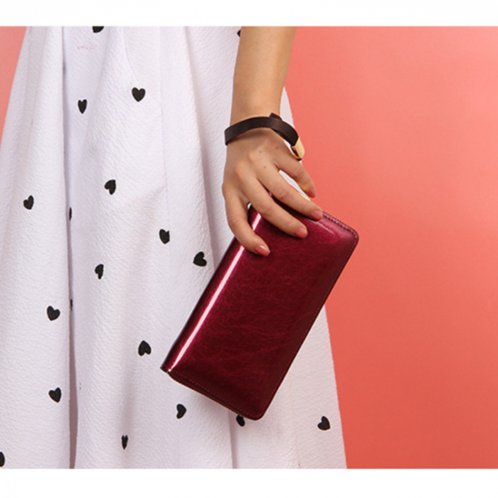 Portofel dama, elegant, piele lacuita, cu bareta, visiniu , 195x25x100 mm [2]