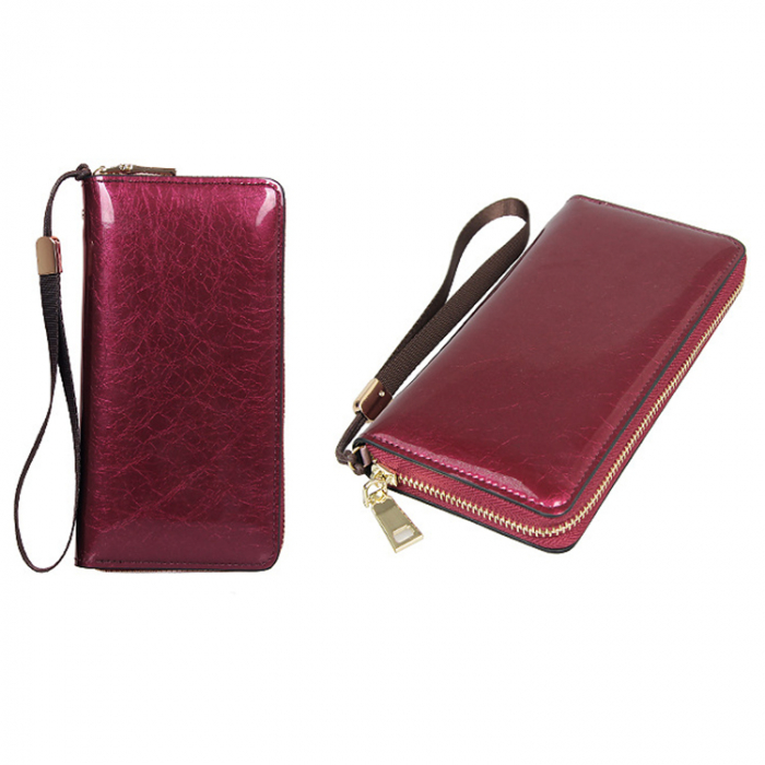 Portofel dama, elegant, piele lacuita, cu bareta, visiniu , 195x25x100 mm [3]