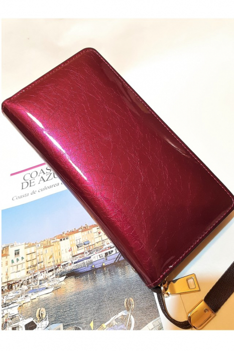 Portofel dama, elegant, piele lacuita, cu bareta, visiniu , 195x25x100 mm [6]