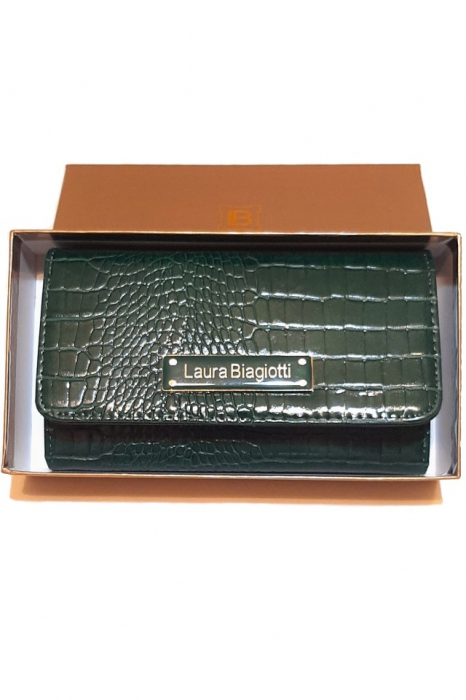 Portofel dama, Laura Biagiotti, piele ecologica premium, animal friendly, 18x10x3 cm, verde, multiple sloturi si compartimente, fabricat in Italia [7]