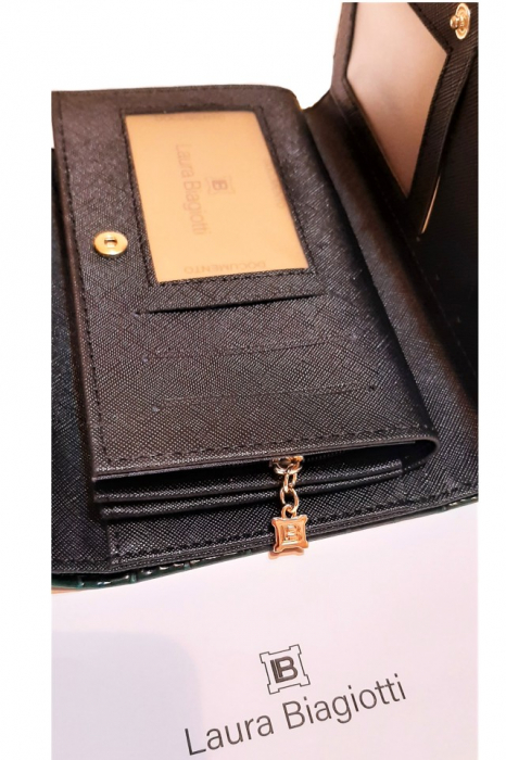 Portofel dama, Laura Biagiotti, piele ecologica premium, animal friendly, 18x10x3 cm, verde, multiple sloturi si compartimente, fabricat in Italia [8]