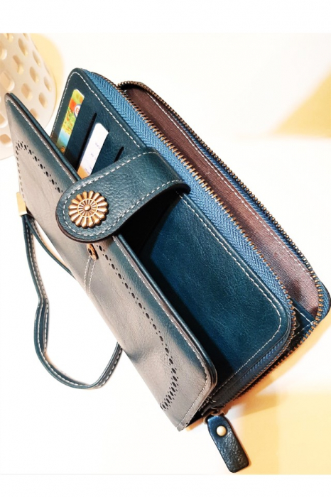 Portofel dama, mare, piele ecologica premium, cu bareta, albastru canar, 195x105x35mm [4]